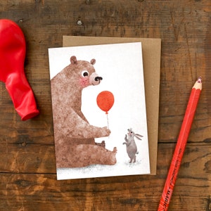 Tarjeta de cumpleaños A6 de regalo de oso y conejito, Tarjeta de felicitación con personaje de animal ilustrado, Tarjeta de cumpleaños infantil, Tarjeta de oso pardo y conejo para niños