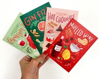 Pack of 8 Recipe Christmas Cards, Multipack of Illustrated Holiday Greeting Cards, Hot Chocolate, Gin Fizz, Mulled Wine & Cranberry Jelly