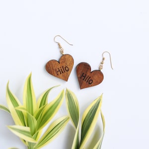 Made in Hawaii Wooden Beach Jewelry Hilo Engraved Heart Shaped Koa Wood Earrings [U&#39;I Collection - Earrings]