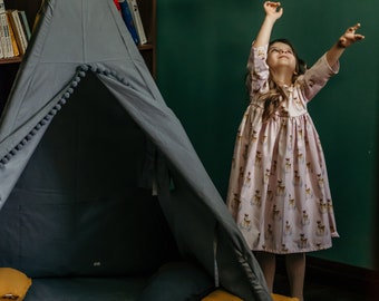 Dark Gray Kids Teepee Tent with Mat, Pom Poms, Window & Pocket