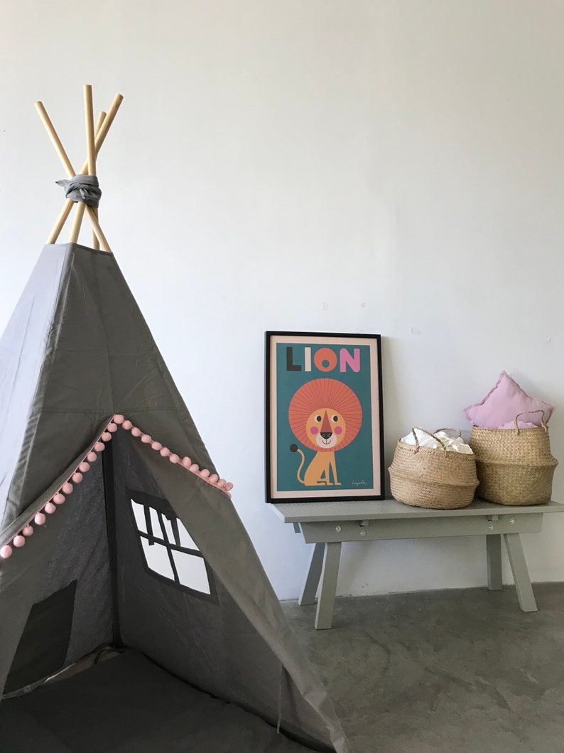 Tipi with mat, GREY TEEPEE with pink pompons, kids teepee, tipi enfant, playhouse, children's teepee tent, indian wigwam, kids play tent, image 4