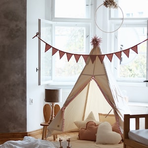 Cream Teepee Tent with Pink Pom-Poms / Girl’s Play Tent with Mat / Kids Teepee with Pocket & Window / Nursery Decor / Handmade