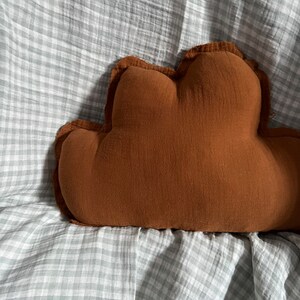 May include: A brown cloud-shaped pillow on a gray and white gingham fabric.