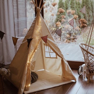 Beige Tipi with mat/ kids play tent / Teepee set with play mat/ Children teepee tent / Indian wigwam beige / Eco Tipi image 1