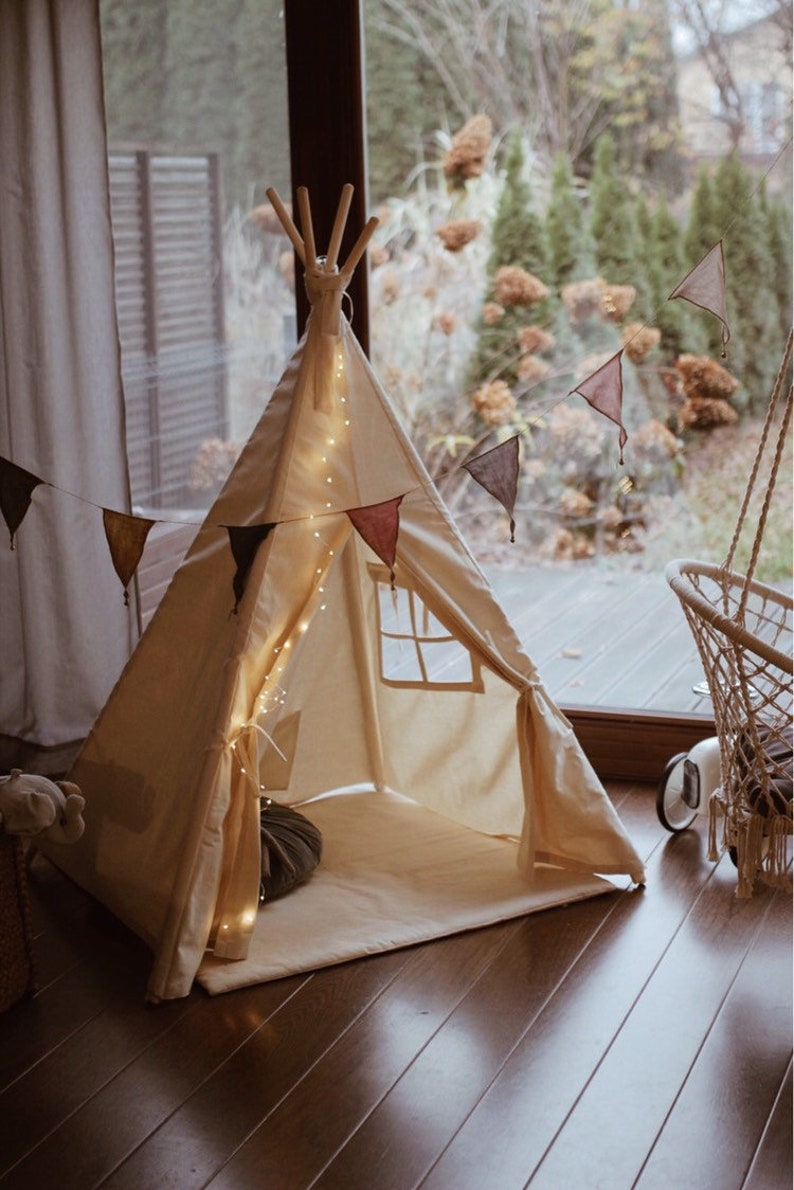 Beige Tipi with mat/ kids play tent / Teepee set with play mat/ Children teepee tent / Indian wigwam beige / Eco Tipi image 1