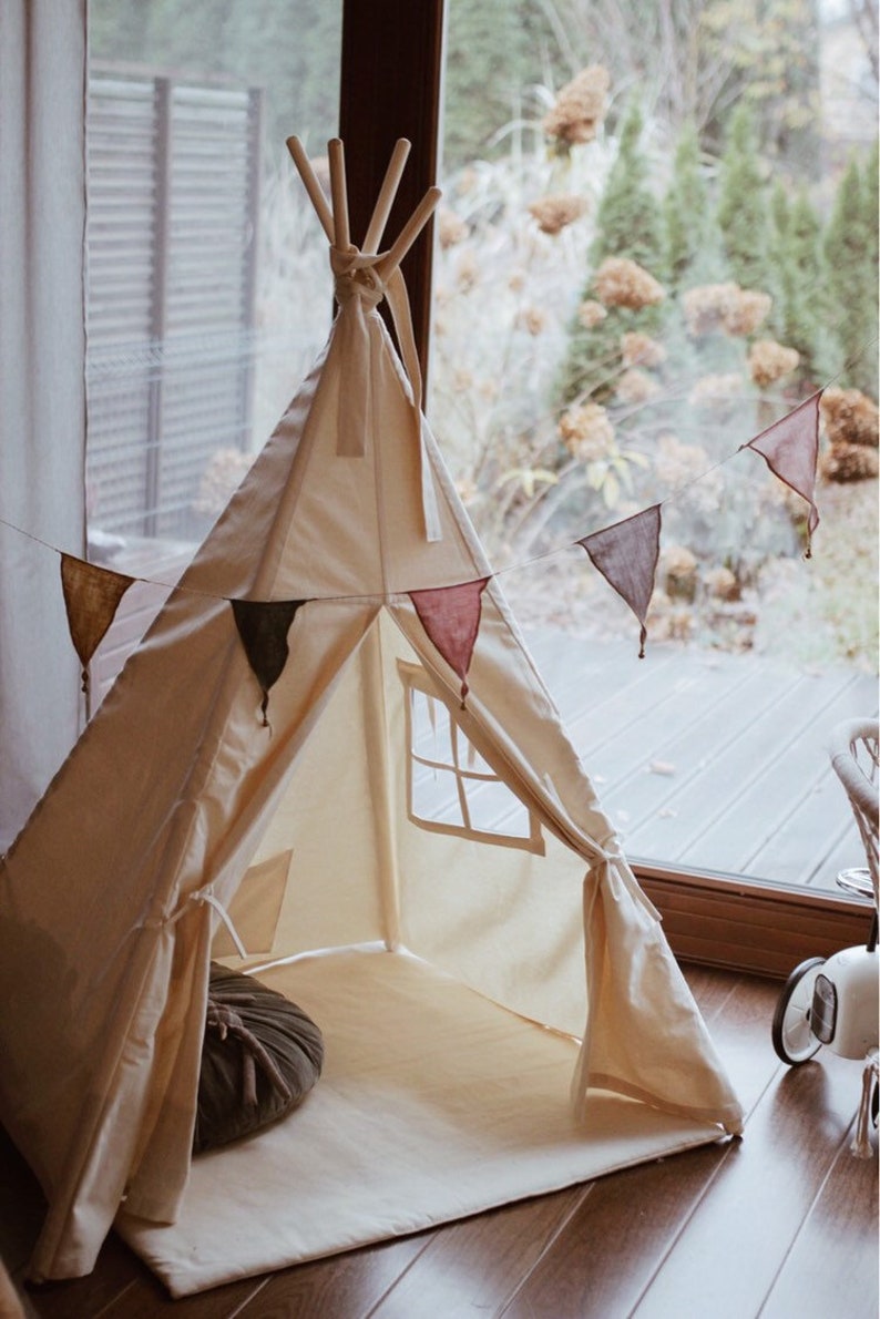 Beige Tipi with mat/ kids play tent / Teepee set with play mat/ Children teepee tent / Indian wigwam beige / Eco Tipi image 2