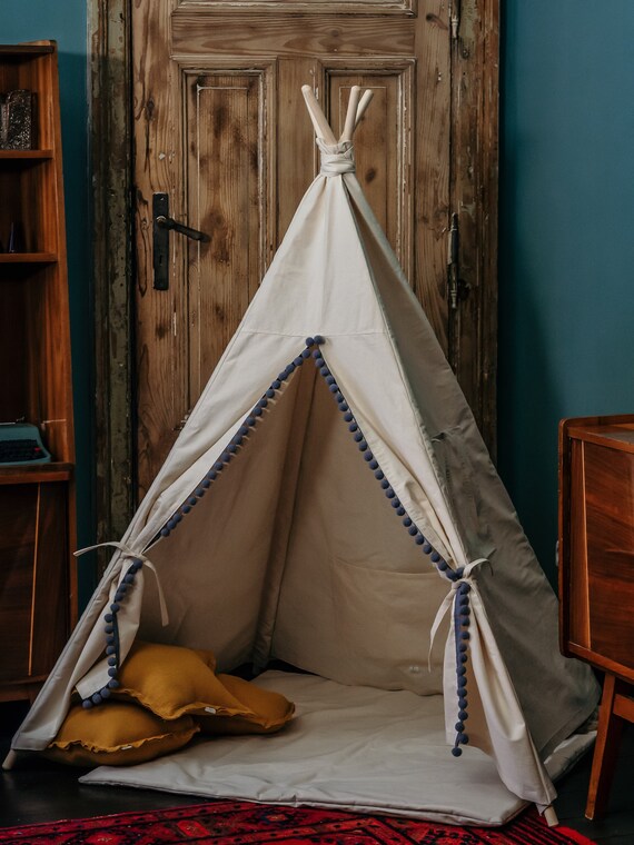 Tipi set with mat and pillow Beige kids Play Tent Children Teepee Tent teepee tent with grey pompoms Teepee cream Christmas Gift