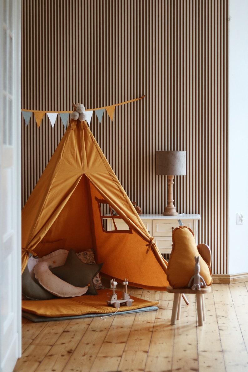 MUSZTARDOWY TIPI, namiot teepee boho, żółty tipi dla chłopca, wigwam dla dziewczynki, tipi z matą, wigwam indiański, NAMIOT do zabawy zdjęcie 8