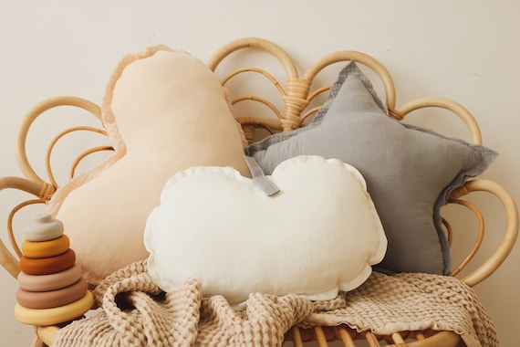 3x Kissen Set, Herz Kissen Pfirsich, Kinder Kissen Vanille Apfel, Kissen grau Stern, Musselin Kissen, Leinen Kissen - GOTS