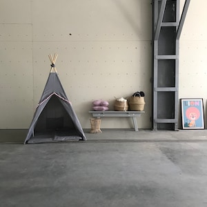 Tipi with mat, GREY TEEPEE with pink pompons, kids teepee, tipi enfant, playhouse, children's teepee tent, indian wigwam, kids play tent, image 1