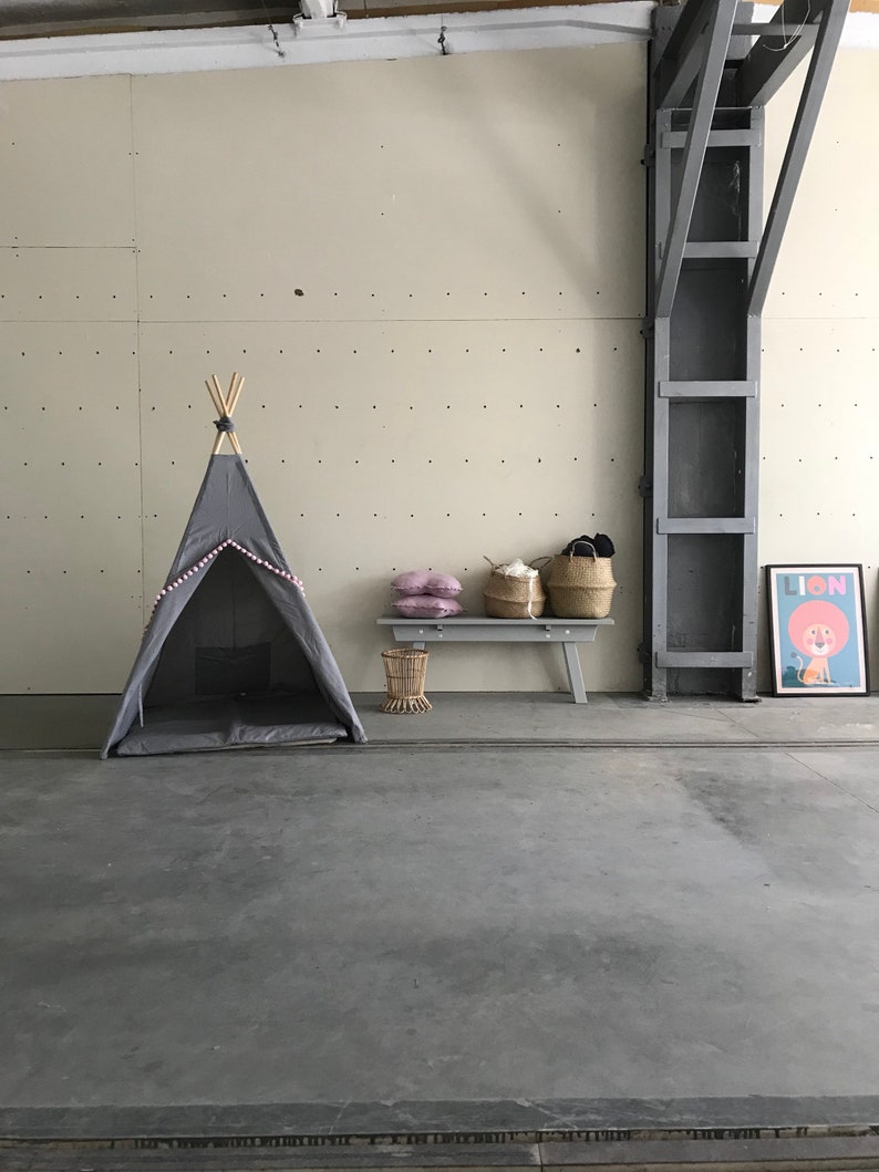 Tipi with mat, GREY TEEPEE with pink pompons, kids teepee, tipi enfant, playhouse, children's teepee tent, indian wigwam, kids play tent, image 1