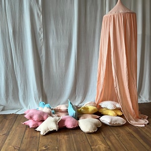 Canopy &quot;peach&quot; muslin // Salmon Bed Canopy // Crib Canopy //  Kids room decoration // Kids canopy // Hang Tent canopy // Set with 3 cushion