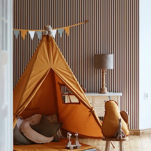 Mustard Yellow Kids Teepee Tent with Floor Mat – “Golden Meadow” / Tent with Window, Pocket & Poles / Cozy Montessori Space for Nursery