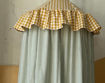 Fairy Green Canopy – mustard gingham check and pistachio stripes