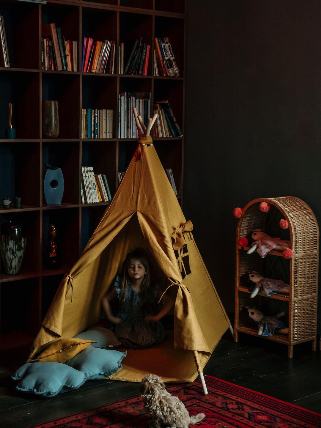 MUSTARD LINEN TIPI, Teepee With Mat, Montessori Tipi, Tipi Enfant