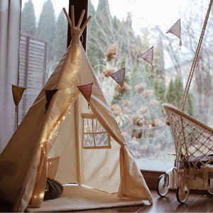 Beige Tipi with mat/ kids play tent / Teepee set with play mat/ Children teepee tent / Indian wigwam beige / Eco Tipi image 4