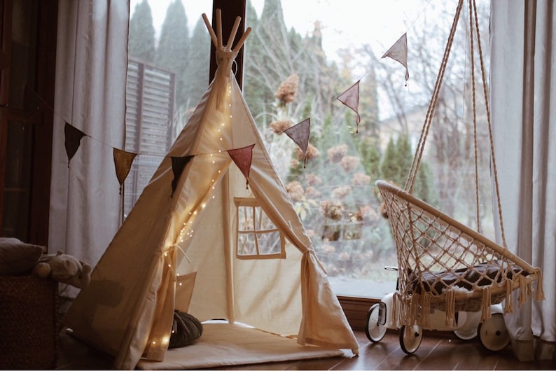 Beige Tipi with mat/ kids play tent / Teepee set with play mat/ Children teepee tent / Indian wigwam beige / Eco Tipi image 4