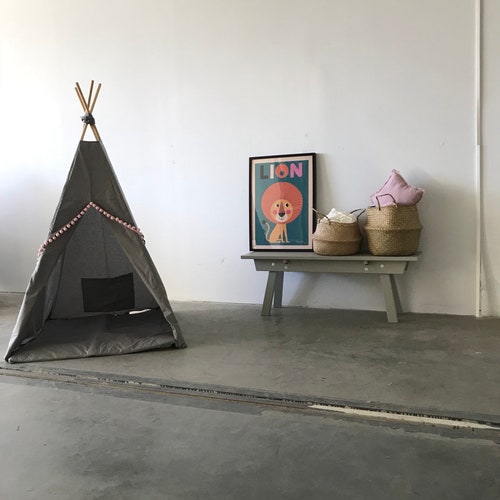 Tipi with mat, GREY TEEPEE with shops pink pompons, kids teepee, tipi enfant, playhouse, children's teepee tent, indian wigwam, kids play tent,