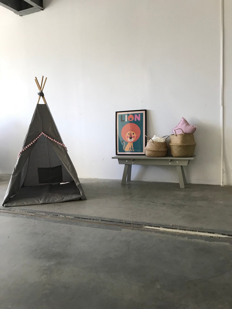 Tipi with mat, GREY TEEPEE with pink pompons, kids teepee, tipi enfant, playhouse, children's teepee tent, indian wigwam, kids play tent, image 3