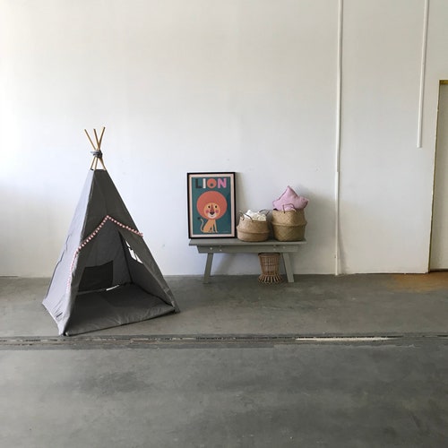 Tipi with mat, GREY TEEPEE with shops pink pompons, kids teepee, tipi enfant, playhouse, children's teepee tent, indian wigwam, kids play tent,