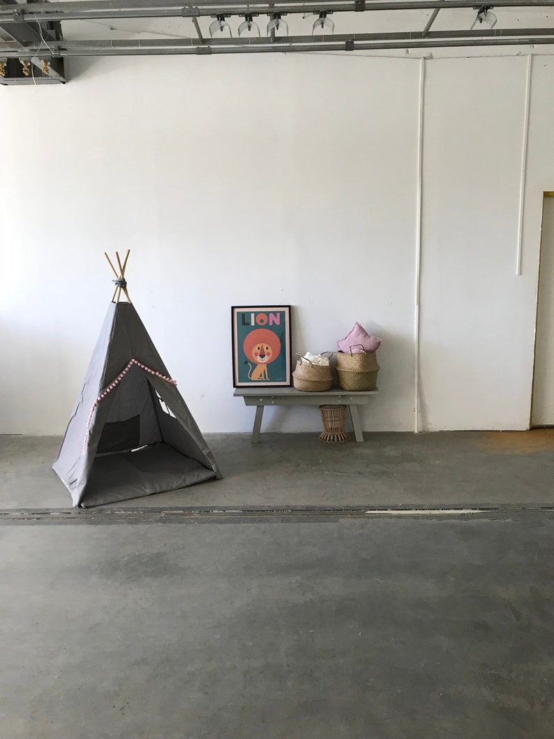 Tipi with mat, GREY TEEPEE with pink pompons, kids teepee, tipi enfant, playhouse, children's teepee tent, indian wigwam, kids play tent, image 5