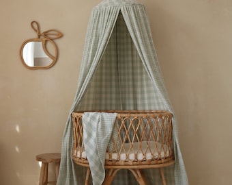 Dosel de muselina menta a cuadros / Dosel para cuna / Dosel de cama verde / Dosel para cuna / Motivo de circo / Decoración para habitación infantil / Regalo / Babotipi