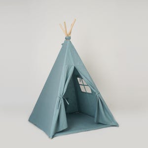 Patina Linen Kids Teepee Tent with Mat / Blue-Grey Relaxing Tipi with Pocket, Window – Calm Tent for Children / Poles , Stabilizer Included