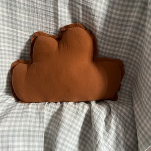 May include: A brown cloud-shaped pillow with a ruffled edge sits on a gray and white gingham fabric.