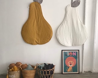 Mustard Linen Pear Play Mat: Hypoallergenic Nursery Rug, OEKO-TEX