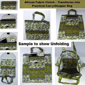 2-in-1 African Foldable shopper tote, transforms into Fabric Clutch Shopper Bag,African Wax fabric clutch,Accessories,Clothing,Green Print 2 image 2