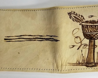 Cartera de cuero pintado a mano tambores africanos, Billfold, Pocketbook, Bifold, 3er aniversario, regalo de cumpleaños de hombres, luz y marrón bronceado oscuro3