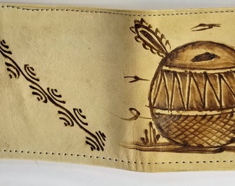 Leather Wallet handmade painted African Drum Gourd, Billfold, Pocketbook, Bifold, 3rd anniversary, mans birthday gift, Light & Dark Brown