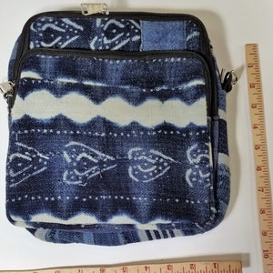 Mudcloth Cross Body Bag Adjustable Strap, Denim Blue Heart African Fabric Shoulder Handbag Mali Mud cloth Purse Tribal Design Large #14