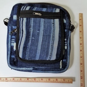 Mudcloth Cross Body Bag, Denim Blue Stripe African Fabric Shoulder Handbag Mali Mud cloth Purse Tribal Design Adjustable Strap Large #12