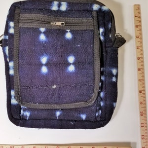 Mudcloth Cross Body Bag Adjustable Strap, Denim Multi Dots African Fabric Shoulder Handbag Mali Mud cloth Purse Tribal Design Large #16