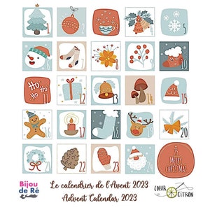 Peut inclure: Calendrier de l'Avent coloré avec 25 cases illustrées, chacune avec une image de Noël festive. Le calendrier comprend un sapin de Noël, des ornements, un bonhomme de neige et un bonhomme en pain d'épices. Le texte "Advent Calendar 2023" est également présent.