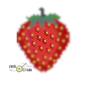 May include: A red and yellow beaded strawberry with green leaves. The strawberry is made with small beads and has a detailed design.