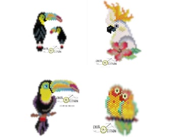 Set of four tropical and colored birds brickstitch diagrams / pack of four brickstitch patterns: tropical colored birds