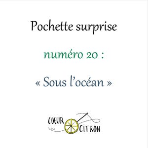 Könnte beinhalten: Weißer Hintergrund mit dem Text "Pochette surprise" in Schwarz, "numéro 20" in Grün und "Sous l'océan" in Blau. Unten befindet sich ein Logo einer Zitronenscheibe mit Nadel und Faden.