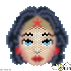 May include: A pixel art bead sprite of Wonder Woman with a red star on her headband, blue eyes, and red lips.