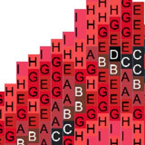 Puede incluir: Dise&ntilde;o geom&eacute;trico abstracto con un patr&oacute;n repetitivo de bloques rojos, rosas y blancos. Cada bloque contiene una letra, creando un visual texturizado y colorido.