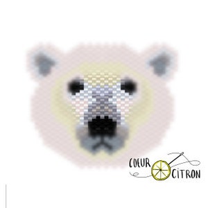 May include: A close-up of a white polar bear face with black eyes and a black nose. The bear's fur is a light pink color.