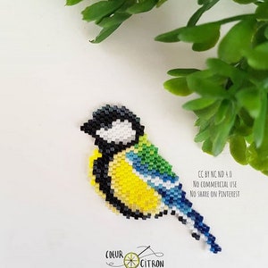 Puede incluir: Un pajarito azul de cuentas con detalles negros, blancos, amarillos y verdes. El pájaro está posado sobre un fondo blanco con follaje verde en la esquina superior derecha. El texto "CC BY NC ND 4.0" está en la esquina inferior derecha. El texto "NO COMMERCIAL USE" está debajo de la primera línea de texto. El texto "NO SHARE ON PINTEREST" está debajo de la segunda línea de texto. El texto "COEUR CITRON" está en la esquina inferior izquierda.
