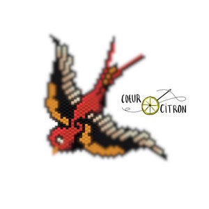 May include: A pixelated bird design in red, black, yellow, and cream colours. The bird is in flight, with its wings spread. The image includes the text "COEUR CITRON" and a lemon logo with a needle and thread.