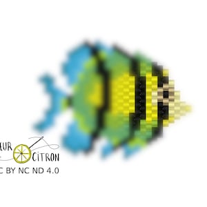 Op de afbeelding: Een pixelachtig visontwerp in tinten blauw, groen, geel en zwart. De vis staat tegen een witte achtergrond. De afbeelding bevat de tekst "COEUR CITRON" en "CC BY NC ND 4.0".