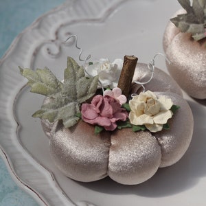 Sandy Pink Velvet Pumpkin with Flowers ~ Handmade Floral Pumpkin Ornaments ~ Pastel Autumn Décor