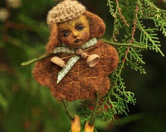 Golden Needle Felted Oak Tree Fairy ~ Pretty Toy Oak Leaf in Knitted Acorn Hat
