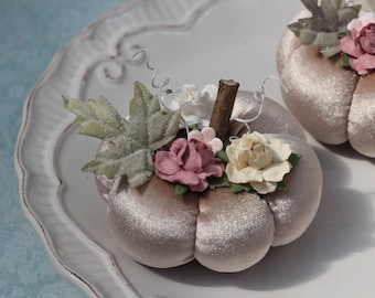 Sandy Pink Velvet Pumpkin with Flowers ~ Handmade Floral Pumpkin Ornaments ~ Pastel Autumn Décor