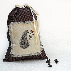 Cotton pouch with hand embroidery Brown checked textile pouch Small drawstring storage bag Fabric case for little stuff Embroidered gift bag