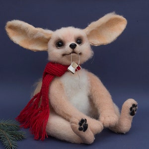 Needle felted fennec fox Funny little desert fox Miniature wool fennec figurine Big-eared felted fox Cute fluffy toy fox pup in a red scarf